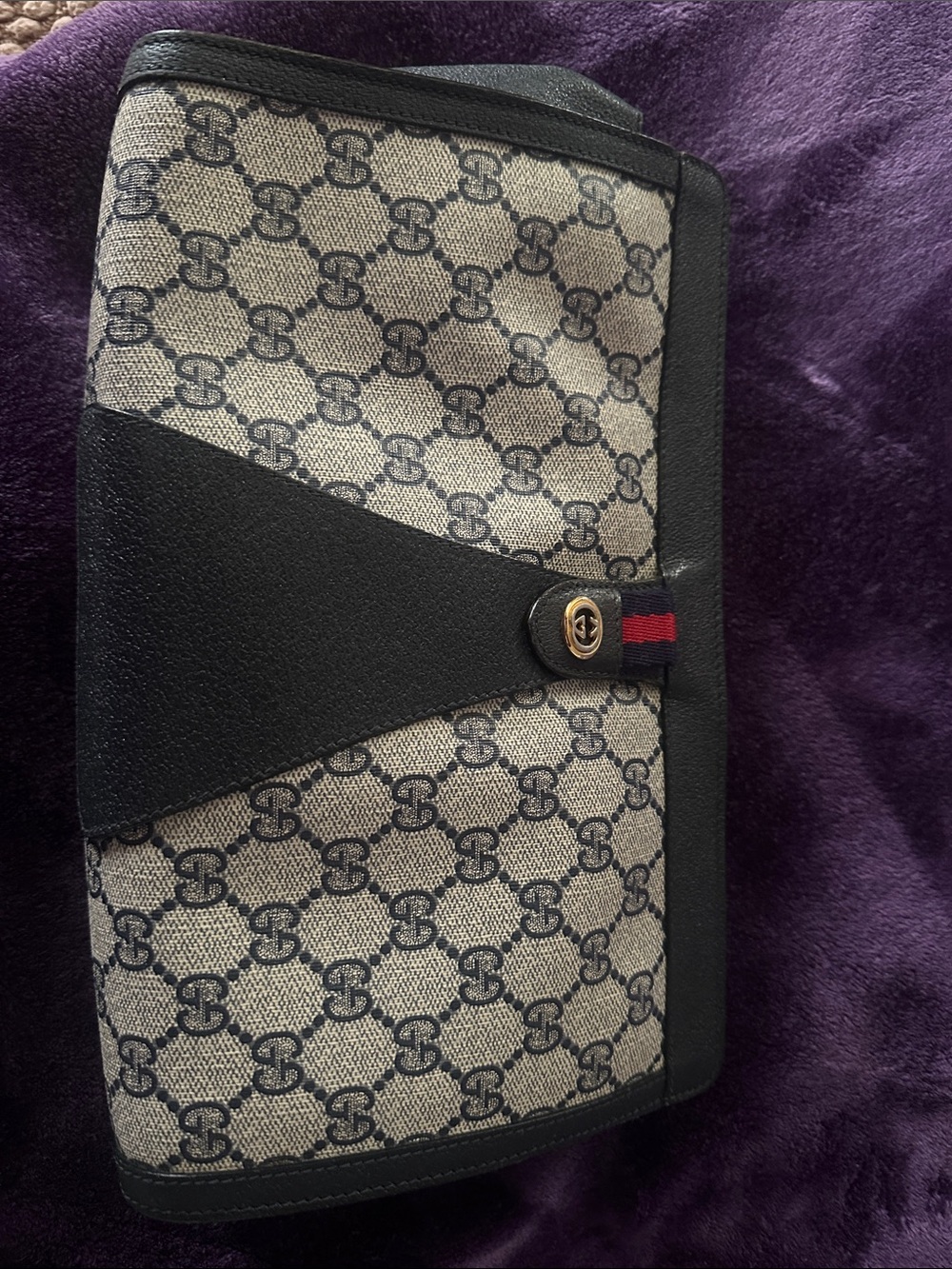 Gucci Beige Monogram Canvas with Black Leather Trim and Red-Green Web
